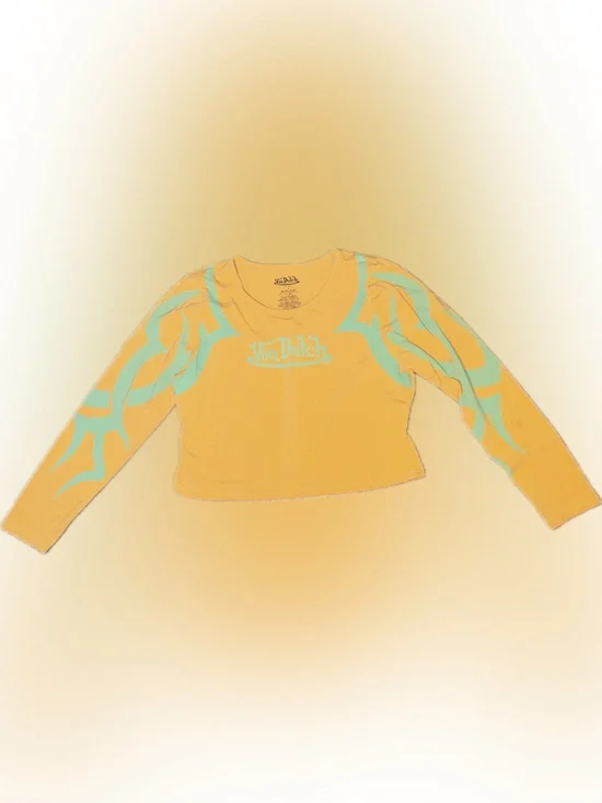 Von Dutch Cropped Yellow Orange Teal Tattoo Long Sleeve Scoop Neck Tee Shirt 1X - Picture 5 of 7